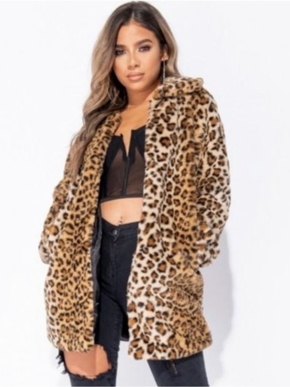 Leopard Print Faux Fur Long Sleeve Coat Jacket